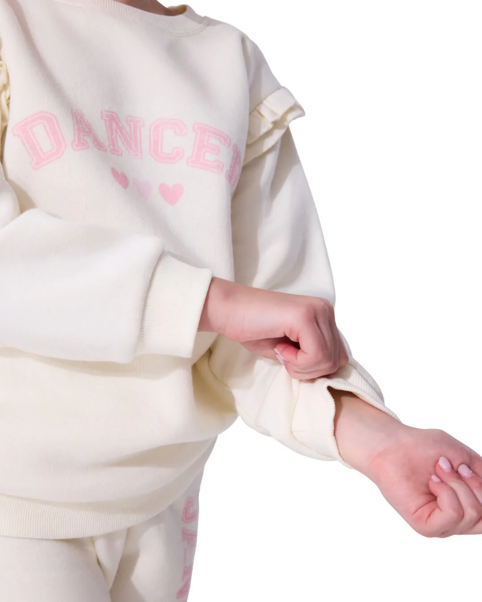 White sweatshirt with 'DANCE' printed in pink on a white background
