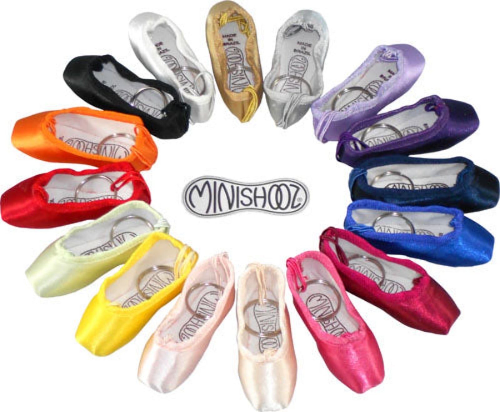 Colorful ballet shoes arranged in a circular pattern with Minishooz logo.