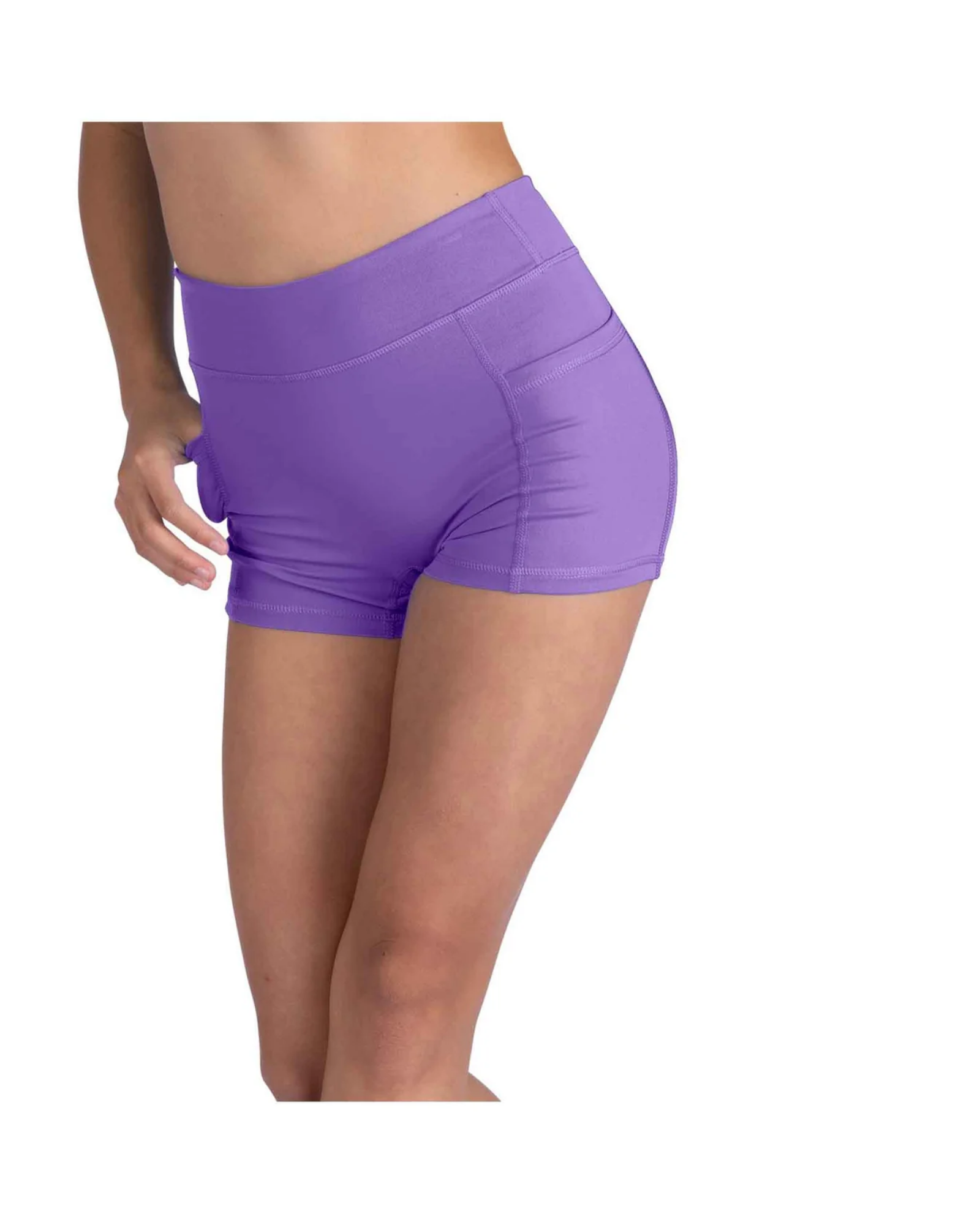 Purple athletic shorts worn by a person on a white background