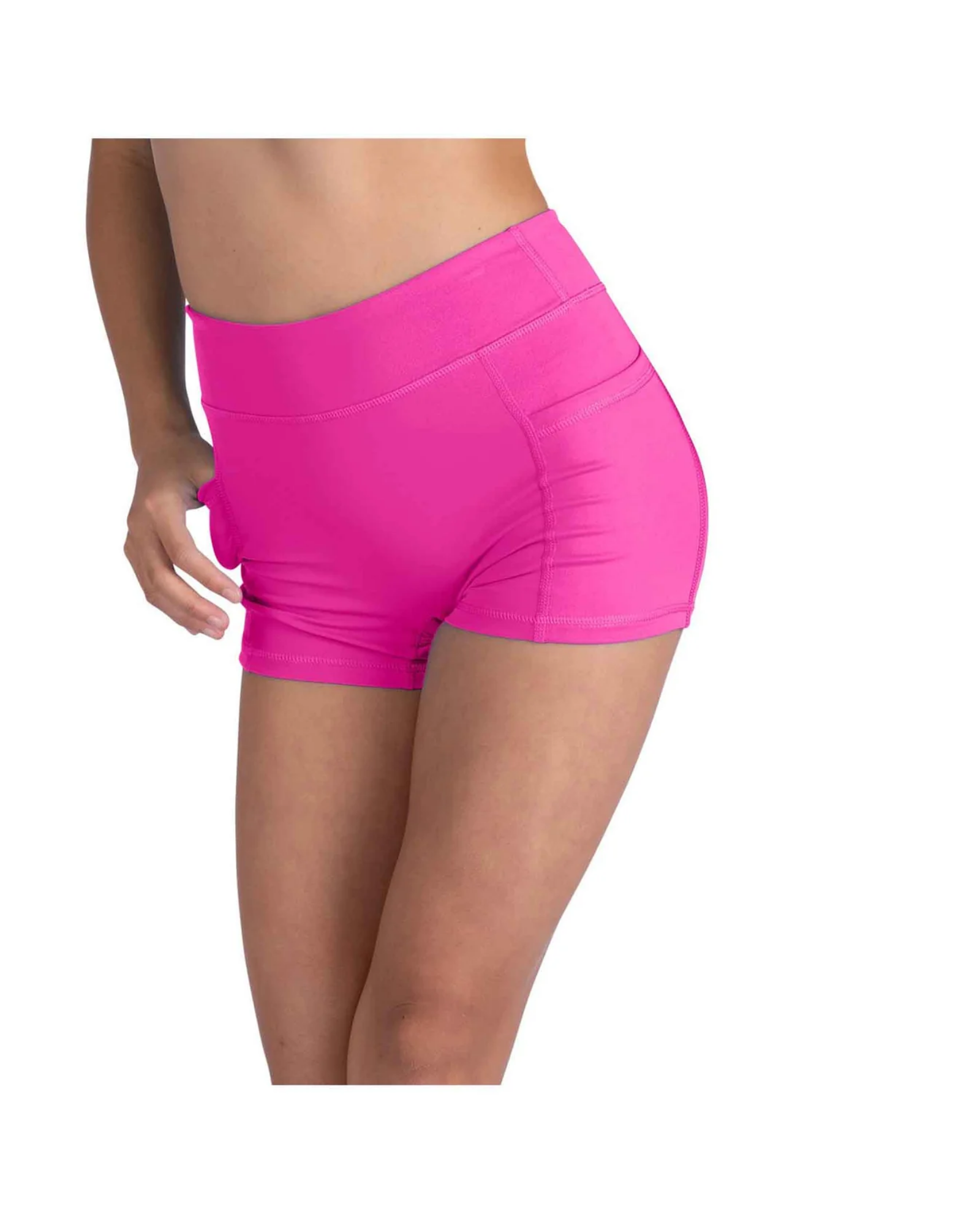 Pink athletic shorts worn by a person on a white background