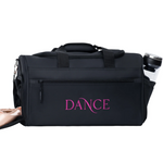 Black dance bag with 'DANCE' embroidered on it in hot pink, lying on a white background
