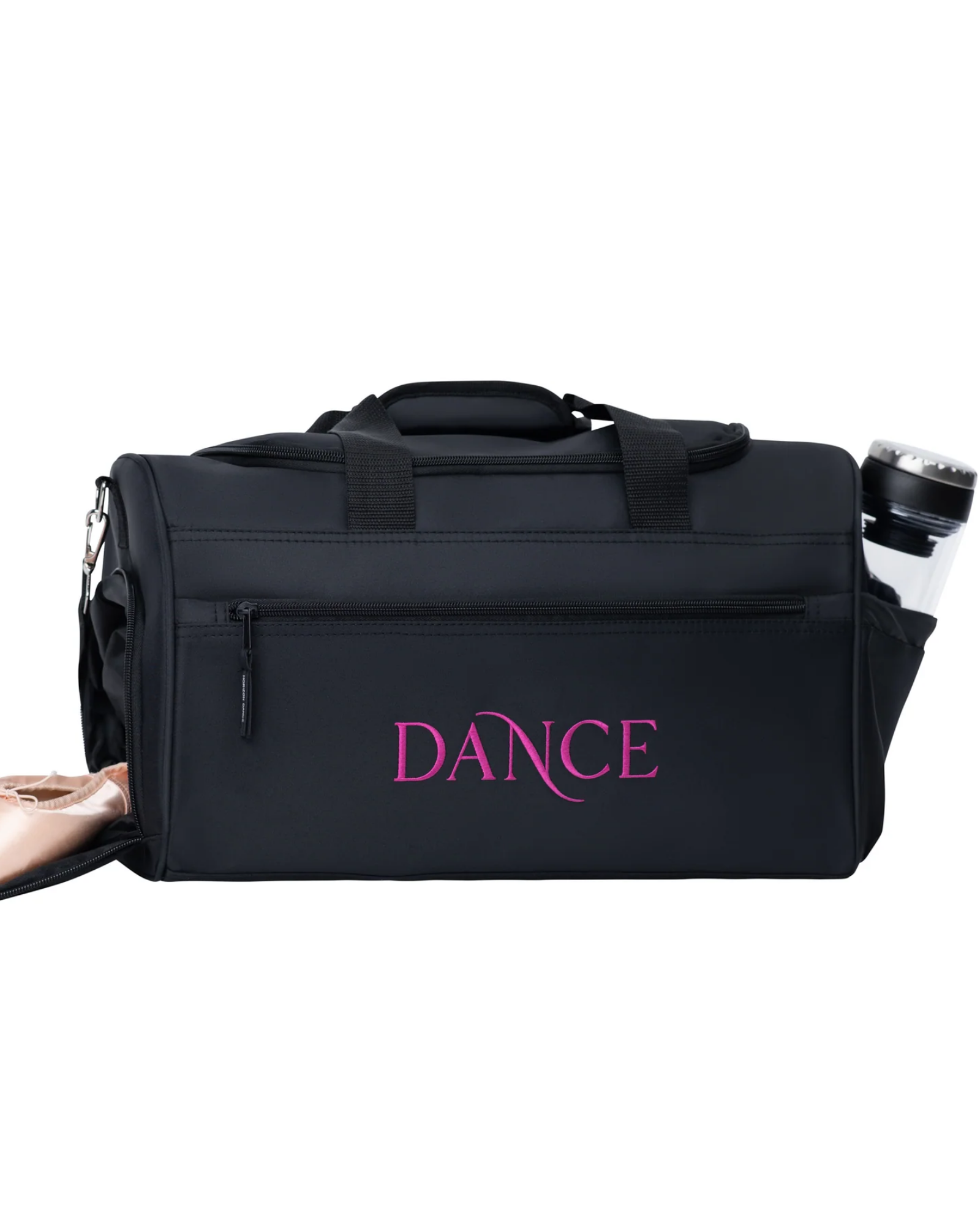 Black dance bag with 'DANCE' embroidered on it in hot pink, lying on a white background