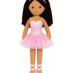 Doll in a pink ballet outfit with a tutu on a white background